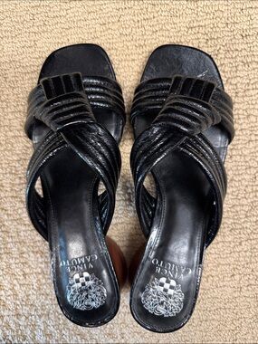 Vince Camuto Lomala Quilted Strappy Slide Heel Sandals in Black Leather